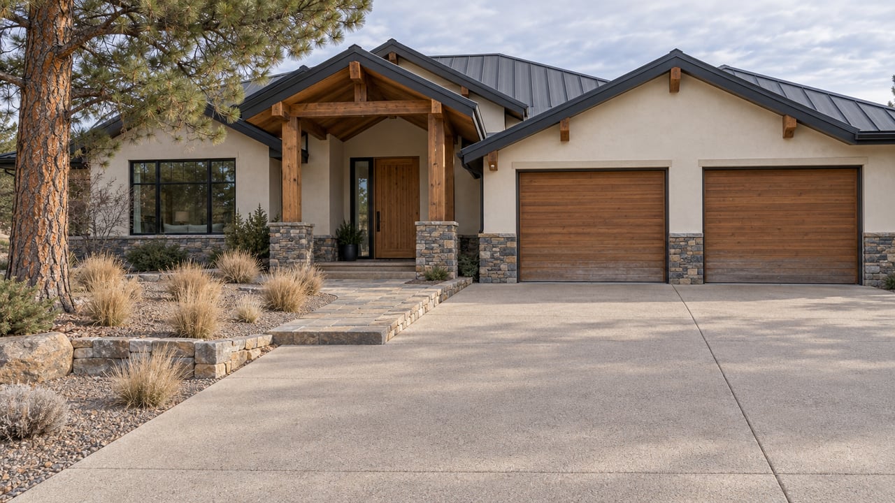 Cream stucco and timber home with cedar garage doors, a broad concrete approach, and a mature ponderosa pine in soft winter daylight.