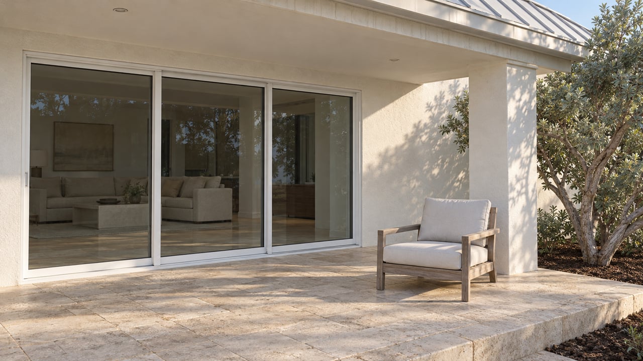 Sunlit covered terrace with ivory stucco, closed glass sliders, weathered teak seating and a silver buttonwood specimen.
