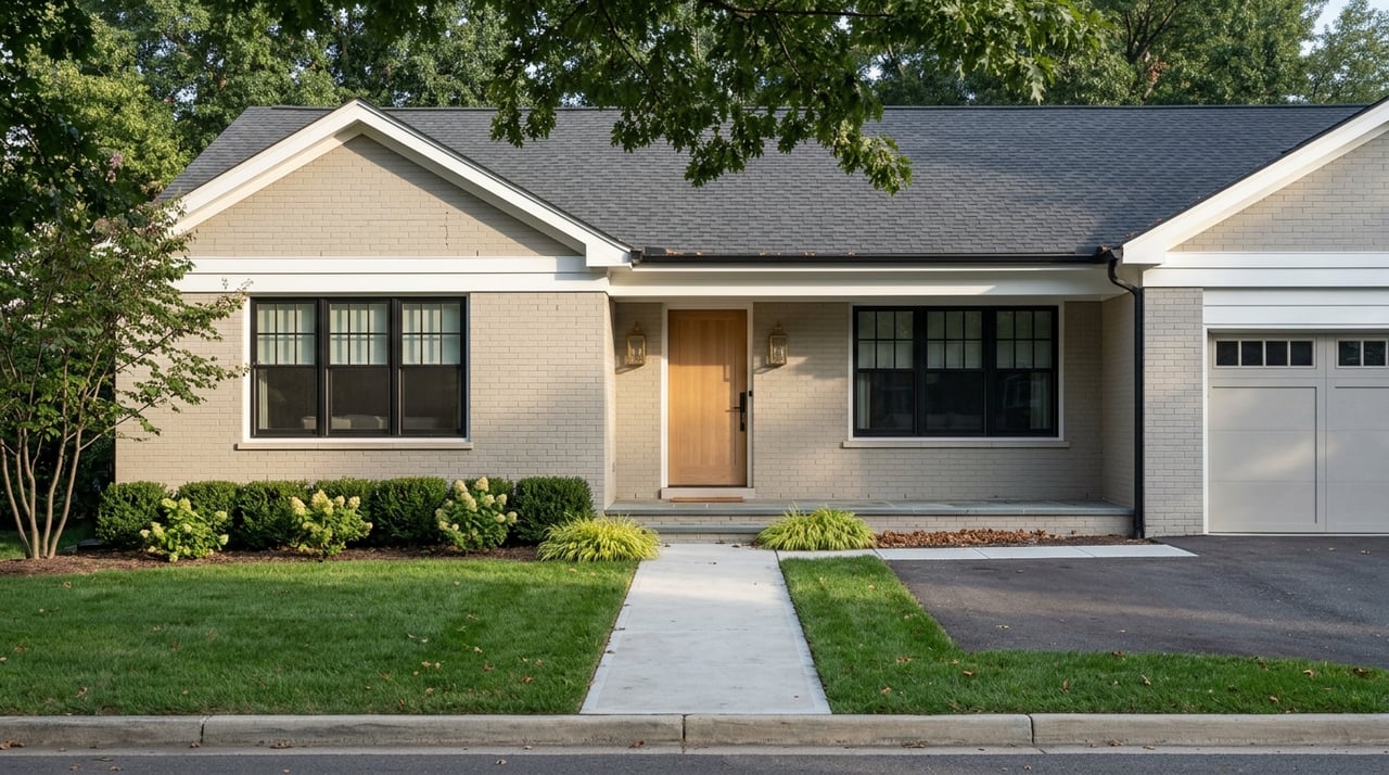 Painted-brick home with black-framed windows, an oak entry door, and curated landscaping.