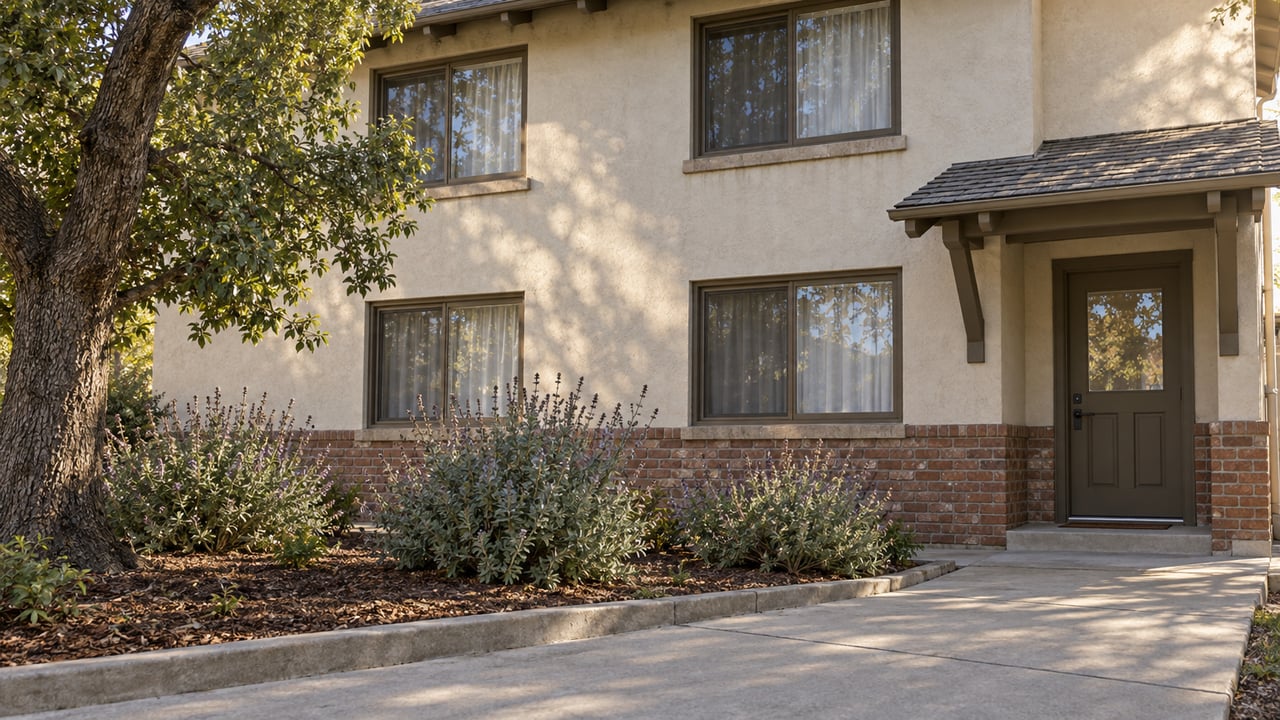 Older two-story apartment building with ivory stucco, a brick base, wood-framed windows and a landscaped concrete entrance walk.