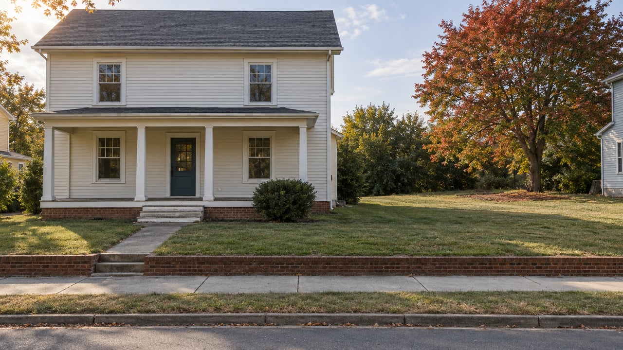 Weathered ivory house beside an open grassy parcel, with a russet maple and reddish clay patch.