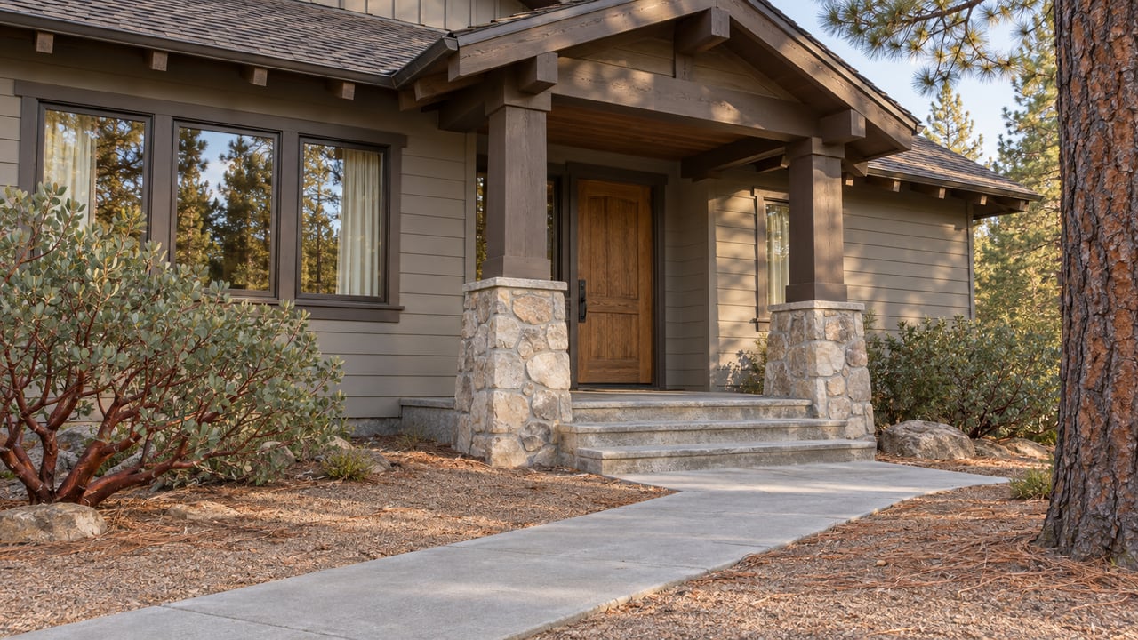 Warm-gray gabled home with stone porch columns, an oak front door, and a broad walk beside a mature pine.