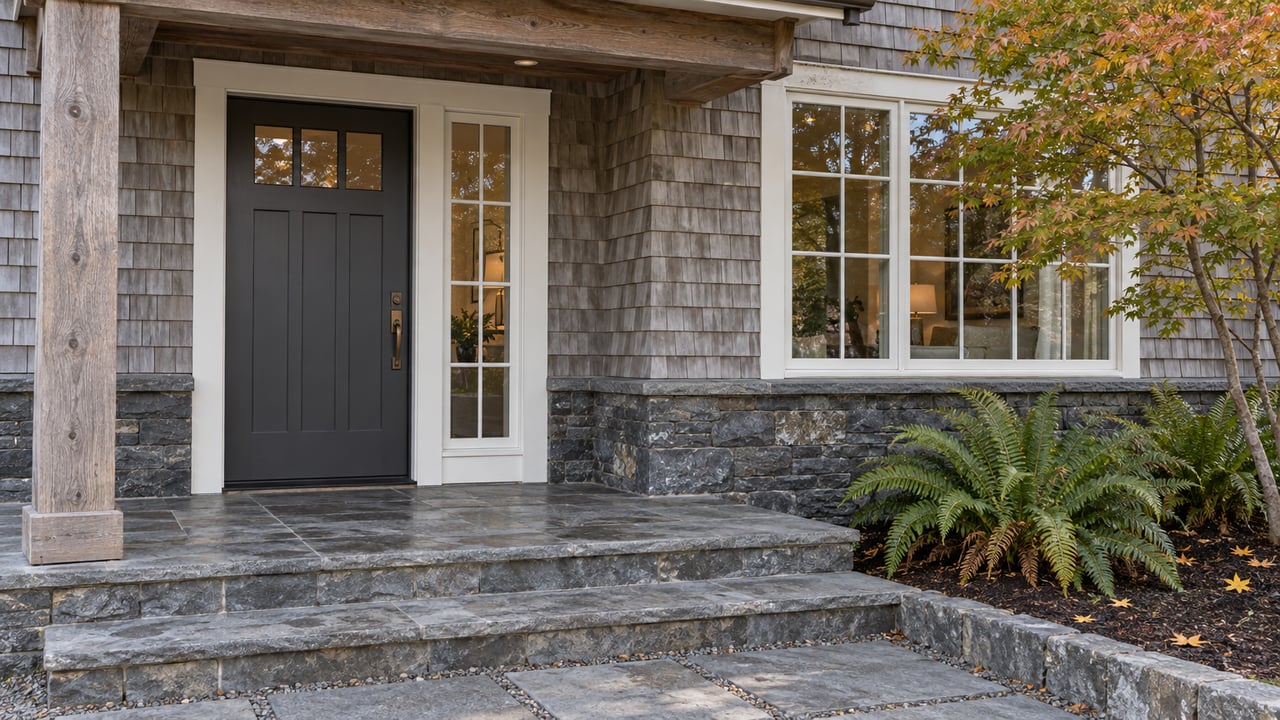 Covered cedar-shingle home entry with a charcoal door, gridded window, basalt wall and stone steps beside a vine maple and sword ferns.