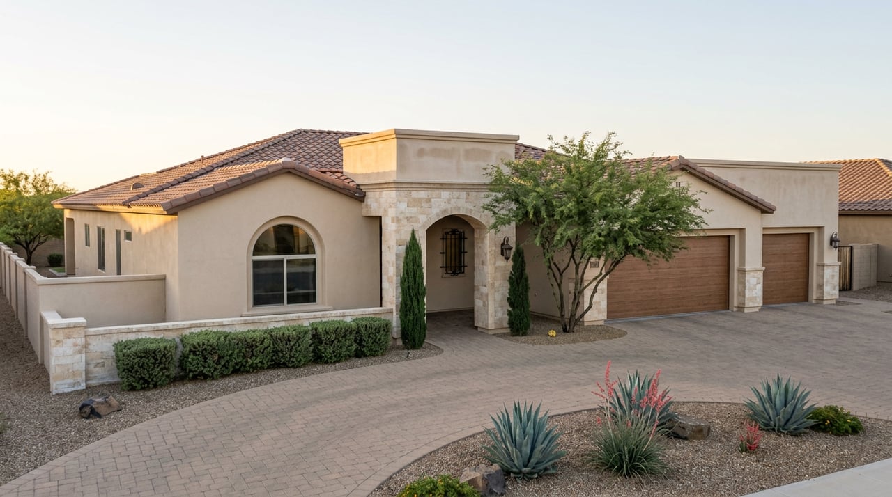 Single-story desert home with a tile roof, arched entry, three-bay garage, mesquite tree, and gravel motor court.