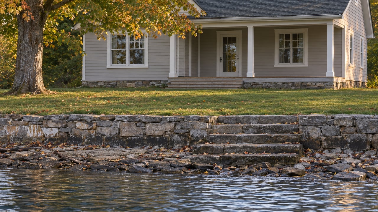 Waterfront cottage above a low shoreline, with stone steps, exposed wet shale, and an ambering maple.