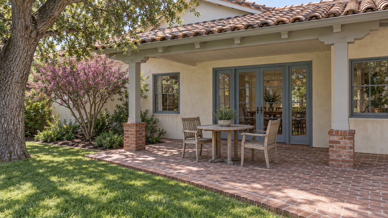 A covered porch with blue-framed glass doors opens onto a weathered brick terrace beside a lawn and mature oak.