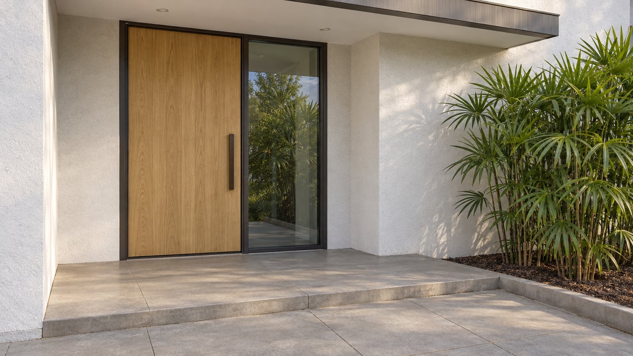 Close view of a white stucco home's sheltered oak entrance, charcoal-framed sidelight and concrete paving beside a lady palm.
