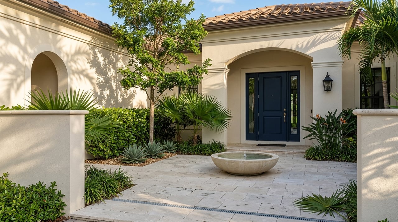 Arched stucco courtyard entrance frames a navy door, limestone bowl fountain, and palms.