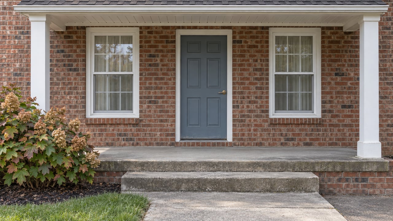 Brick home entry with a blue-gray door, paired white-trimmed windows, worn concrete porch steps and an oakleaf hydrangea.