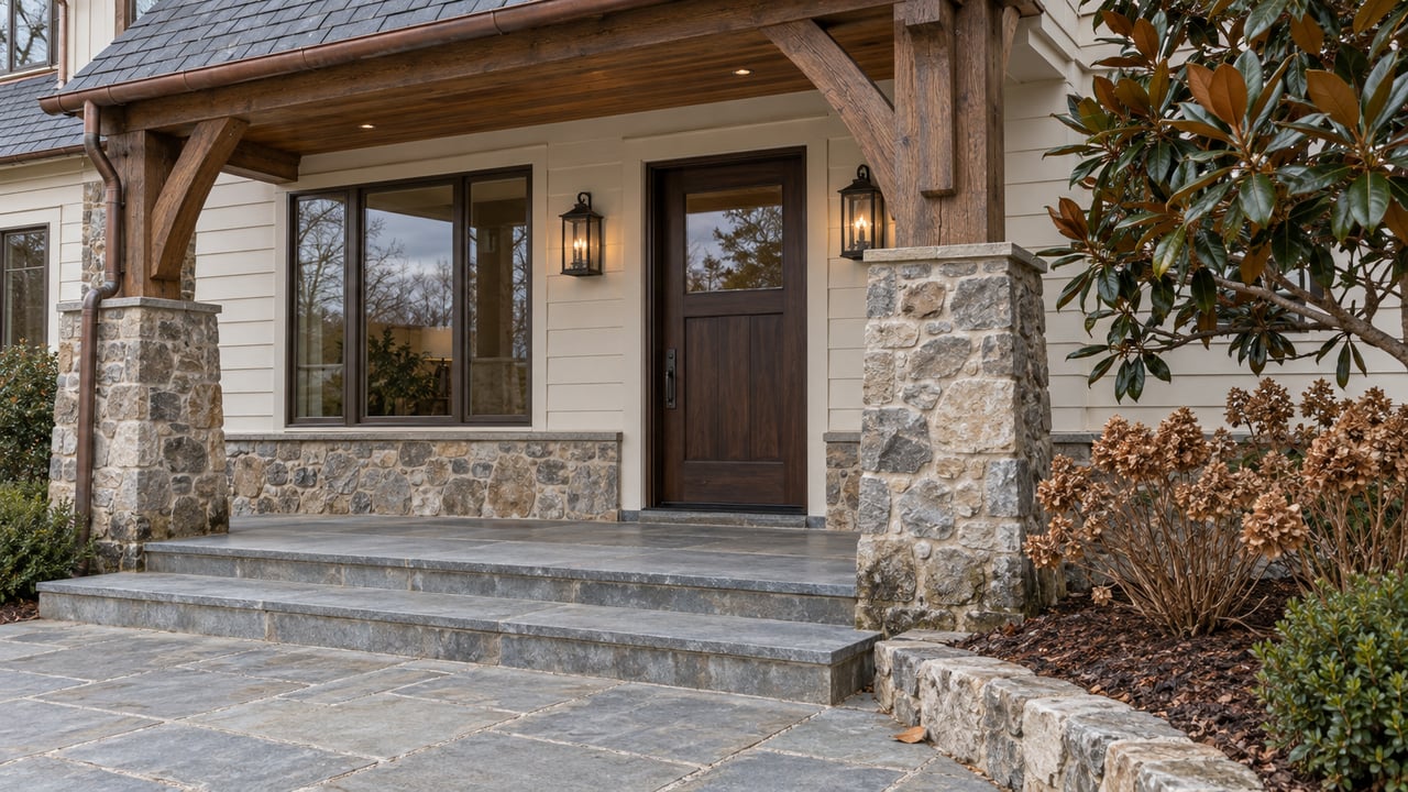 Covered entrance of a custom home with fieldstone piers, ivory siding, an oak door and bluestone steps beside a magnolia.