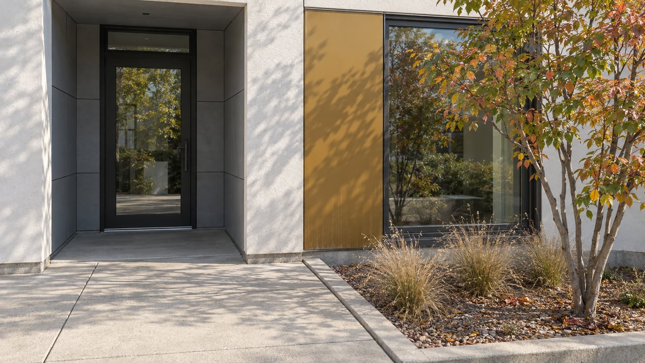 Contemporary residential entry with white stucco, charcoal-framed glass, an ochre accent panel, and autumn serviceberry planting beside a concrete approach.