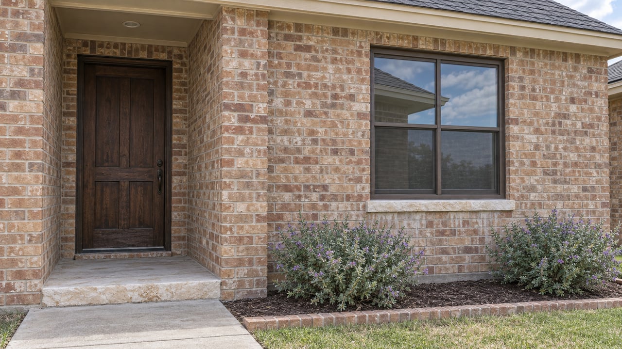 Tan brick house with a recessed dark wood entry, bronze-framed window, limestone step, and two shrubs.