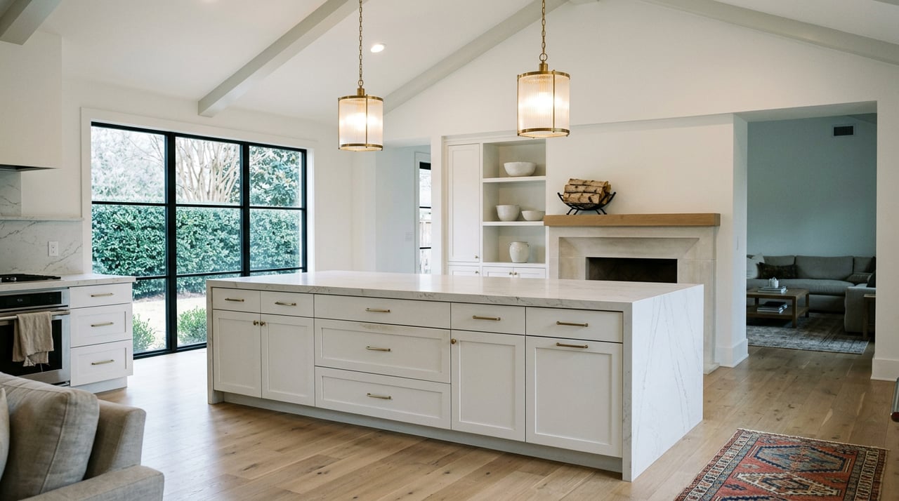 Kitchen island with waterfall quartz ends, brass pendant lights, and a limestone fireplace beneath a vaulted ceiling.
