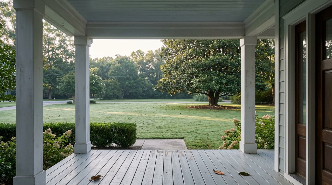 White porch columns frame a broad lawn leading to a mature magnolia and clipped boxwood hedge.