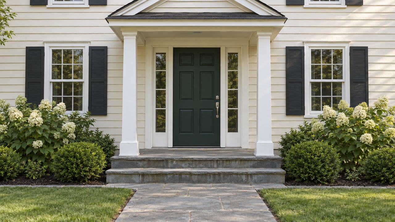 Ivory clapboard home with a green door, matching sidelights, stone steps, and paired hydrangeas.