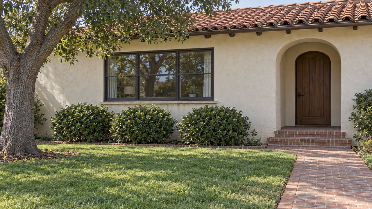 Cream stucco home with a terracotta roof, mature oak, deep lawn and brick path leading to an arched entry.