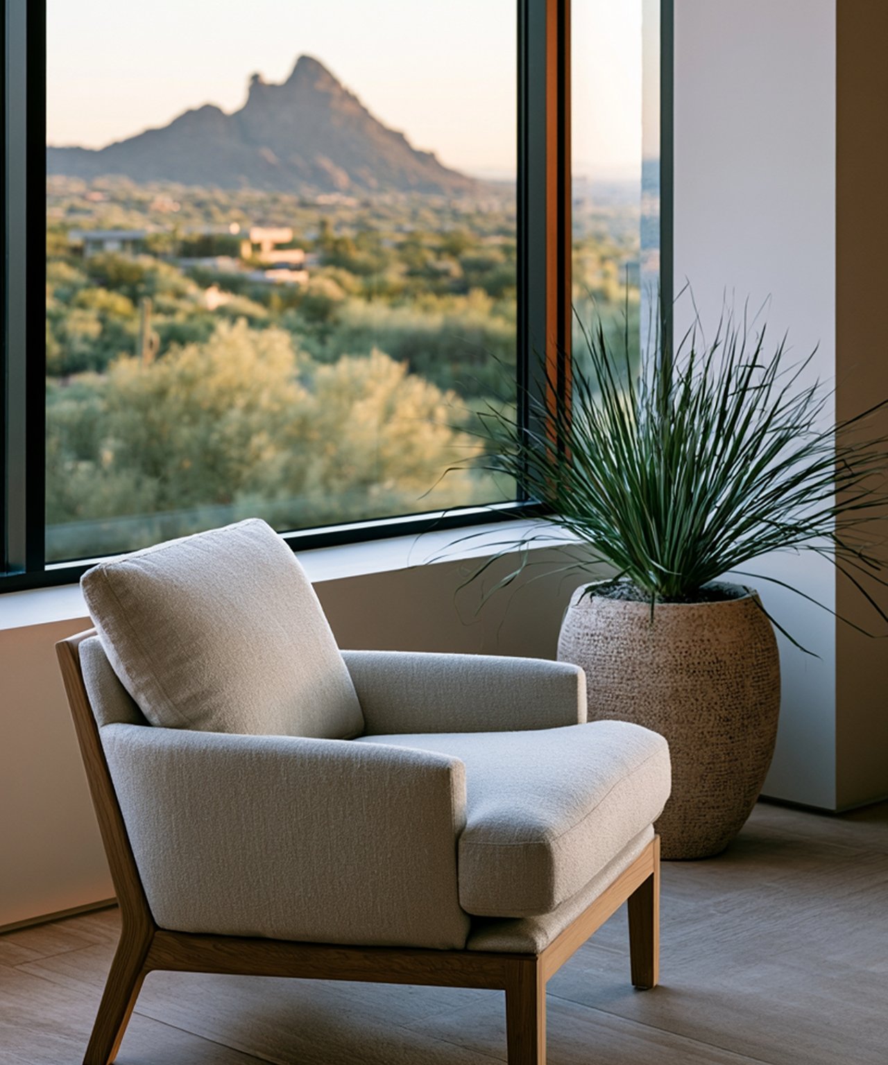 Armchair and potted plant beside a large window with a mountain view.
