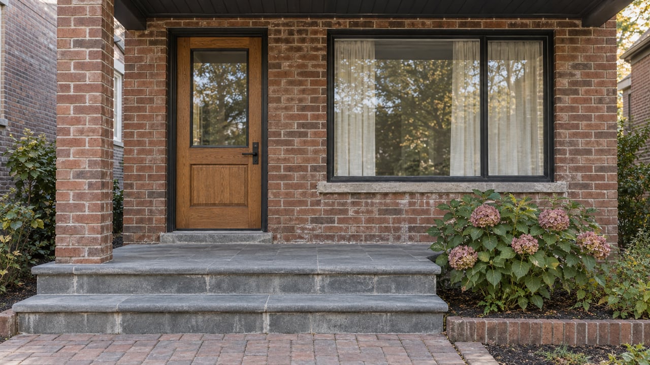 Red-brown brick home entry with an oak glazed door, dark-framed window, bluestone steps and one flowering hydrangea.