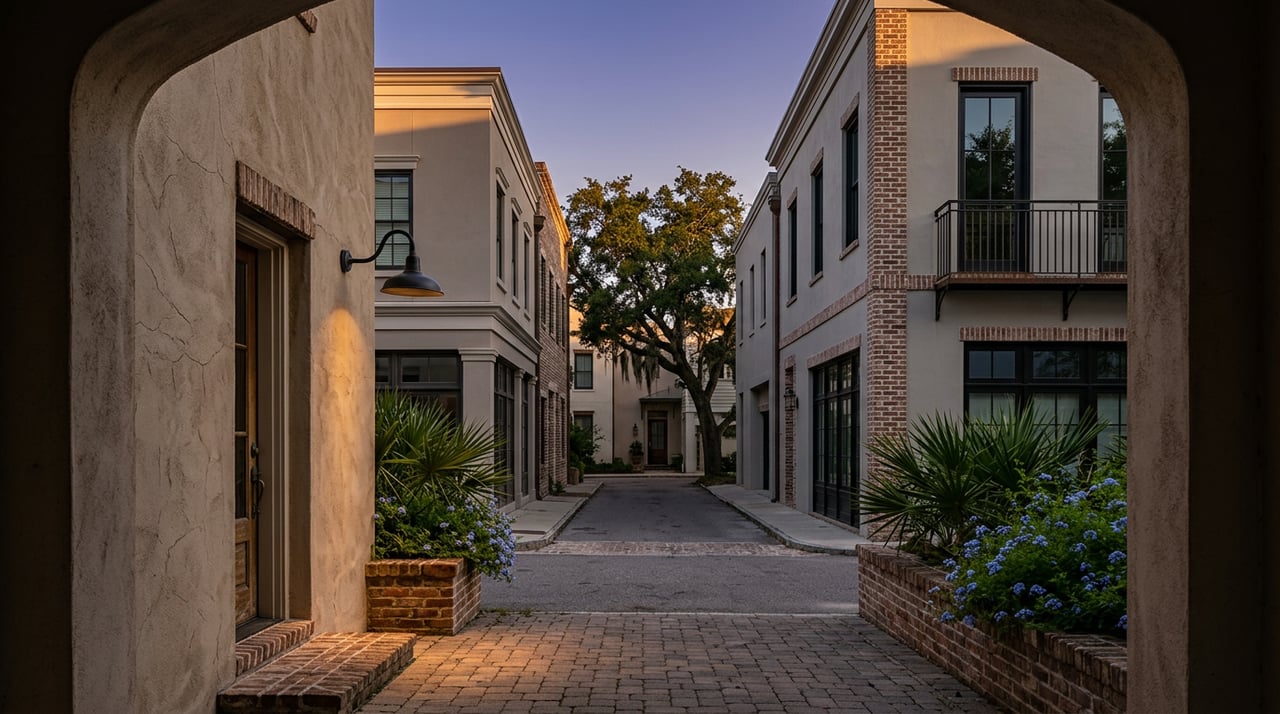 Narrow street viewed through a stucco archway, with brick planters, balconies, and a live oak.