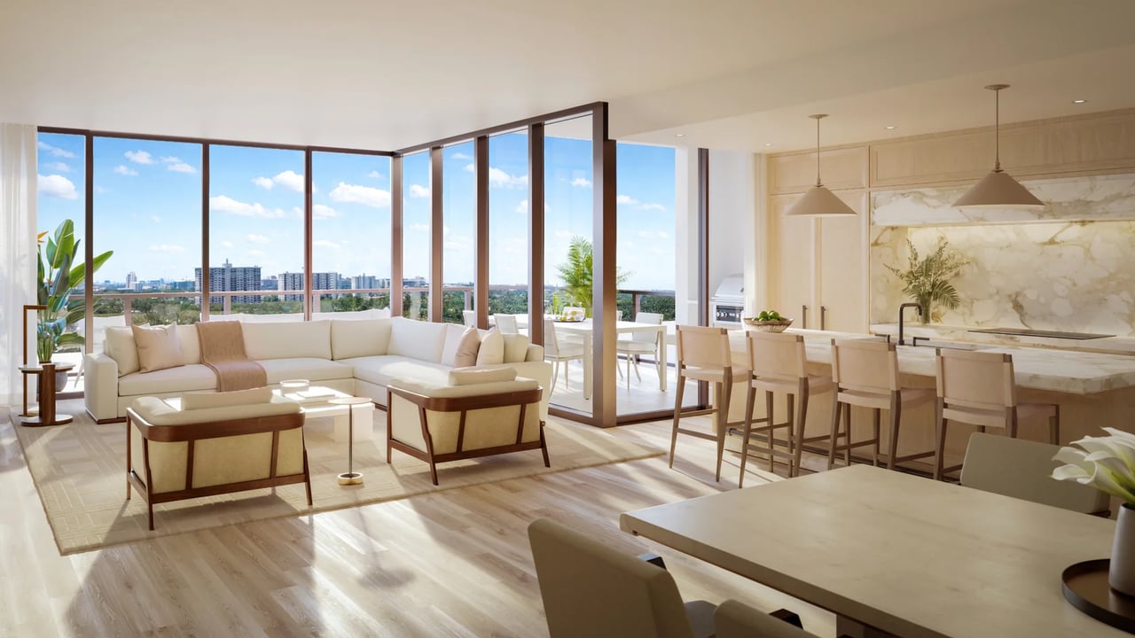 The Ritz-Carlton Residences Fort Lauderdale Beach residence great room rendering.