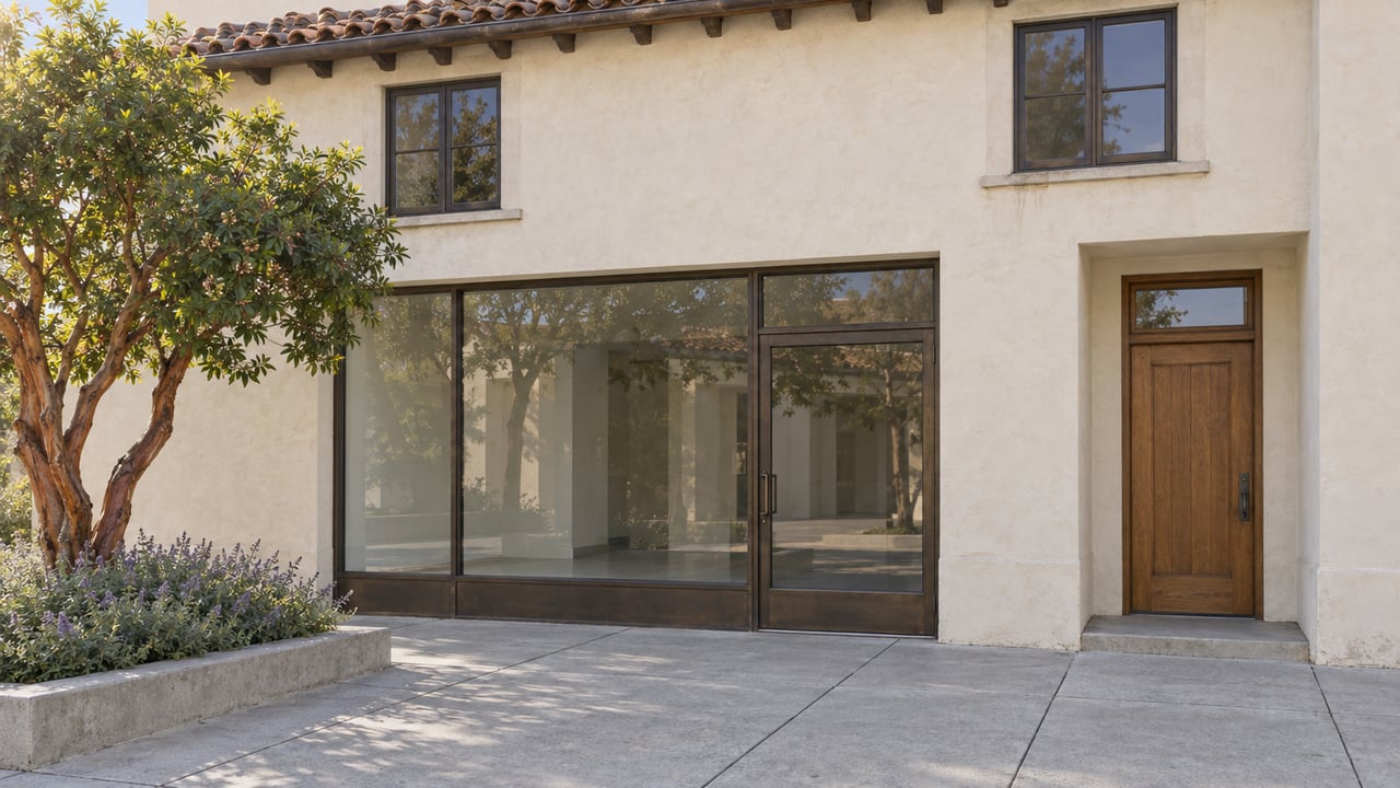 Cream stucco mixed-use facade with bronze-framed storefront, recessed oak entry, and a potted strawberry tree.