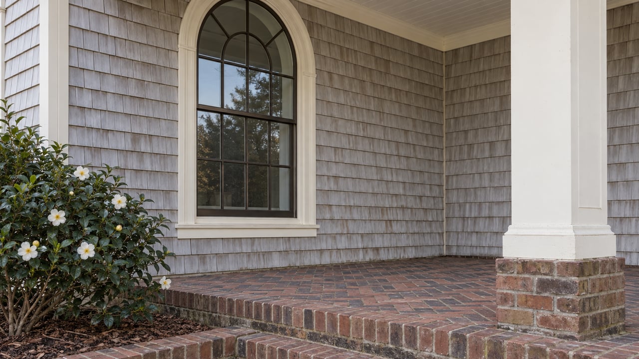 Close view of a shingled home's arched window and cream porch column above worn brick paving, beside a white-flowering camellia.