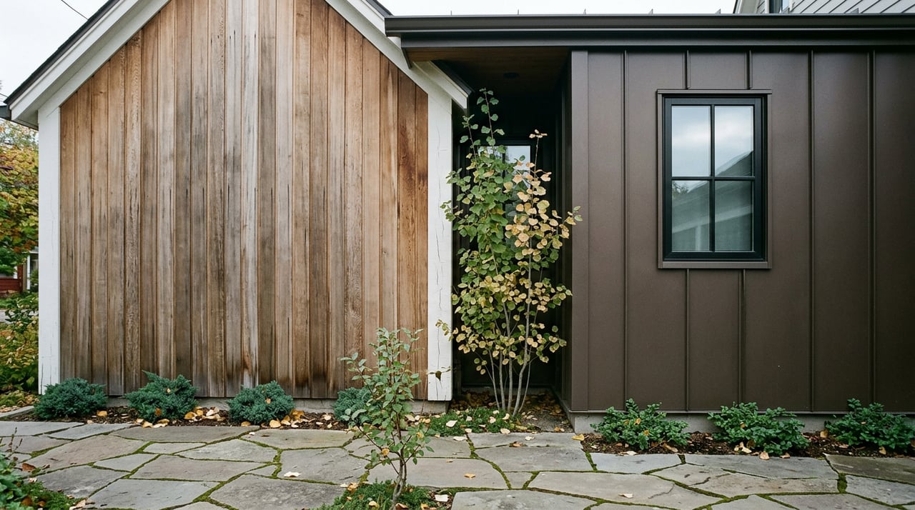 Cedar-sided older wall meets recessed dark metal addition beside a flagstone path and divided-light window.