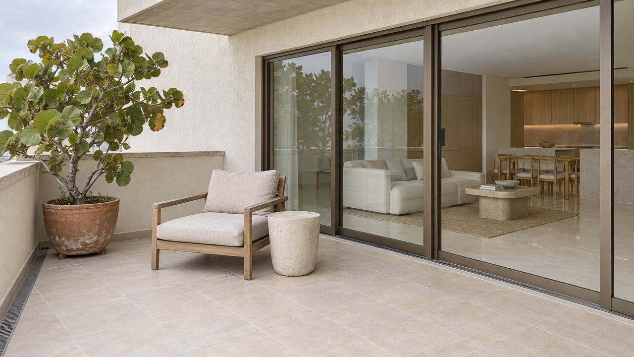 Covered terrace with warm-white stucco, closed bronze-framed glass doors, sand-colored tile, a teak lounge chair and a potted sea grape.