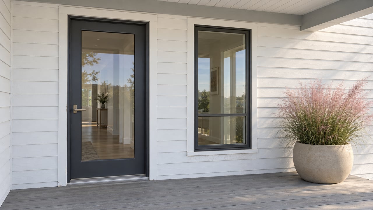 Sunlit white-sided covered porch with a glazed charcoal entry door, weathered gray decking and a single planter of pink muhly grass.