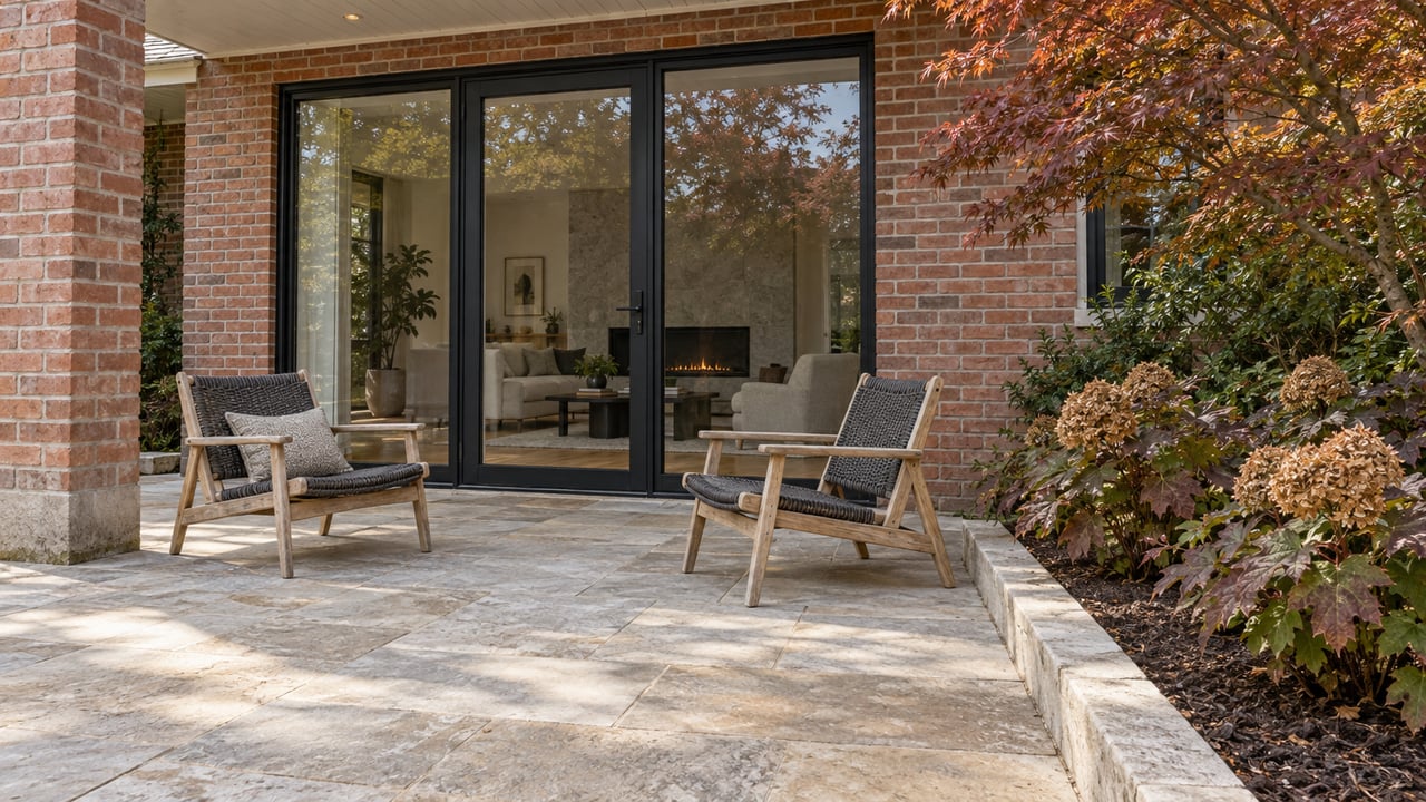 Brick home's limestone garden terrace with two weathered teak chairs, black-framed glass doors and copper-red maple leaves.