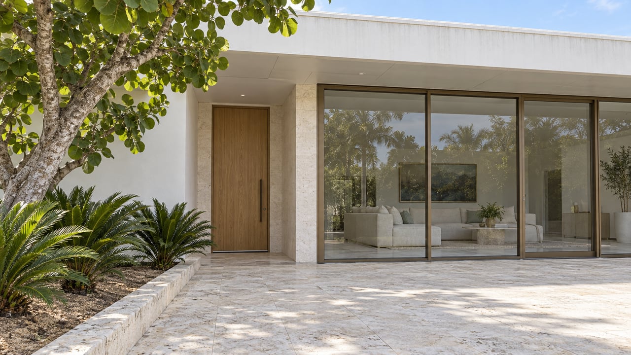 White residence with a limestone approach, recessed oak entrance, bronze-framed glass doors, and sculptural sea grape planting.