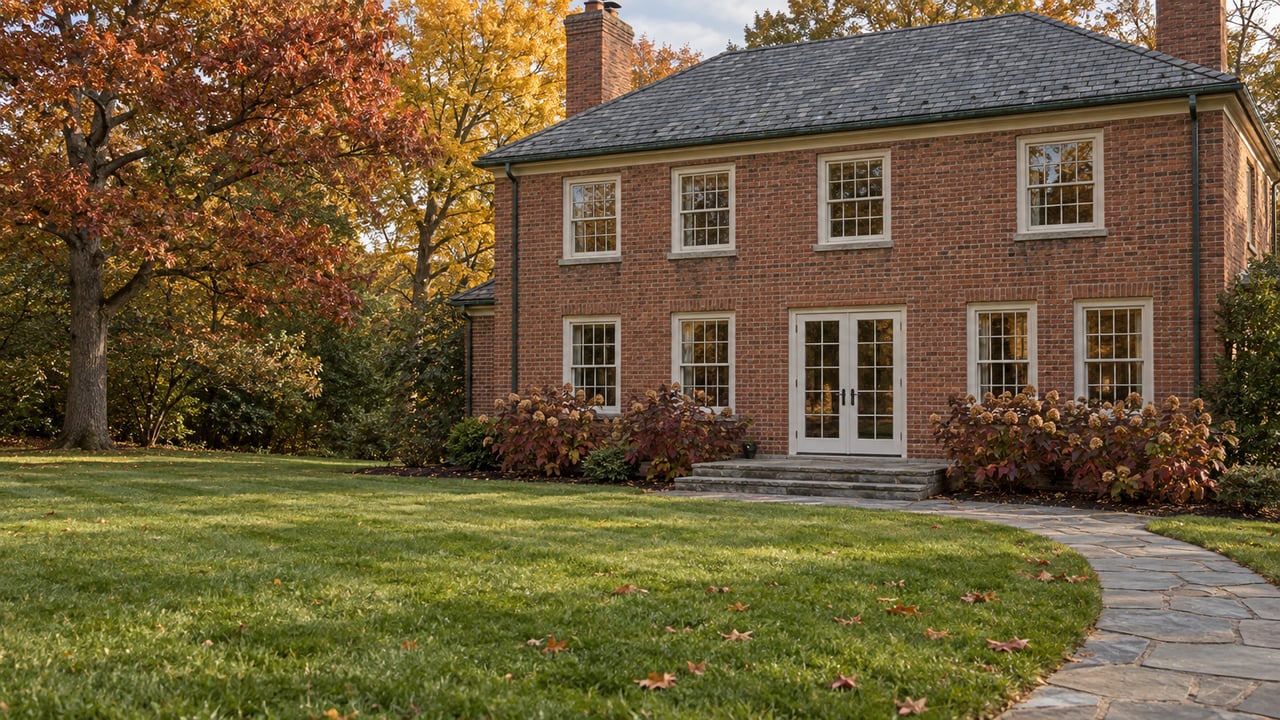 Brick house with divided-light windows and slate roof beyond a broad lawn, curving stone walk, and mature trees with autumn foliage.