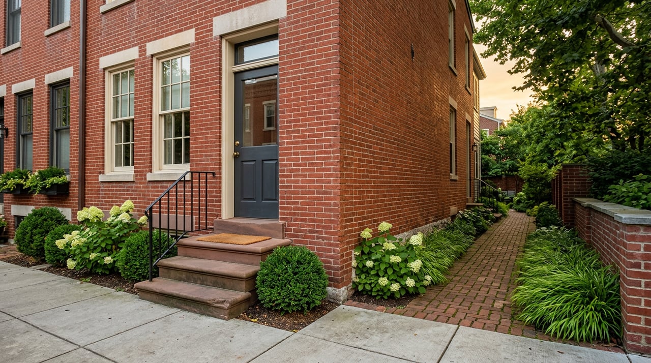 Red brick house corner with a brownstone stoop, iron railing, and leafy plants beneath a green canopy.