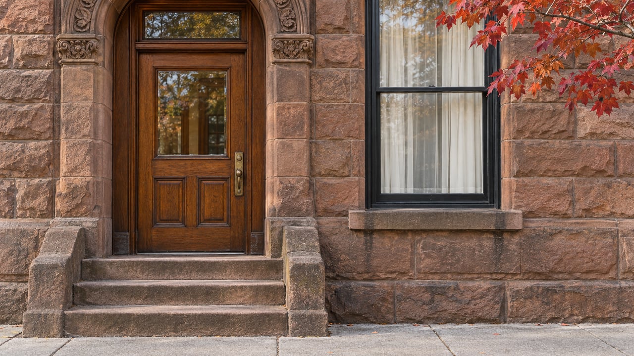 Weathered reddish-brown stone entrance with an oak door, tall sash window, worn stoop steps and red autumn leaves.