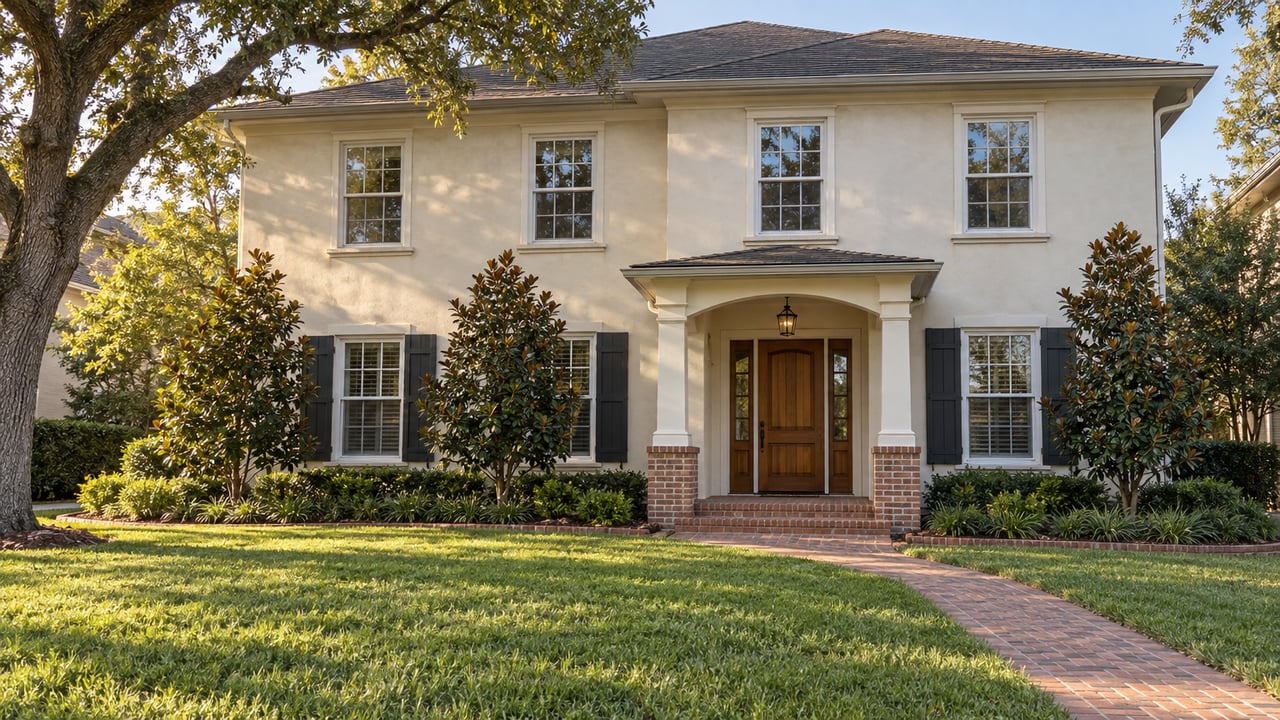 An ivory two-story home with a brick entry walk, broad lawn, and mature spreading oak in soft afternoon light.