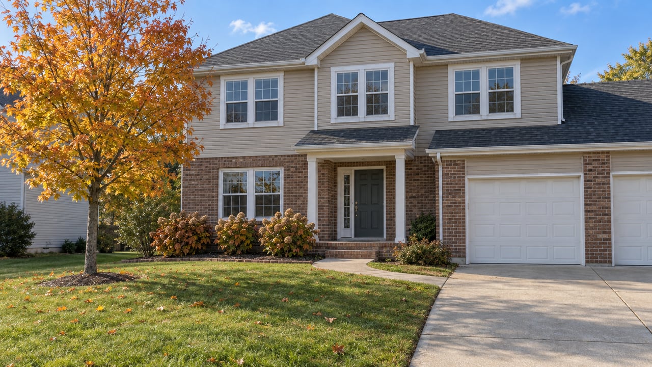 Two-story tan-sided and red-brown brick home behind a deep autumn lawn, with a concrete entry walk and orange-yellow maple.