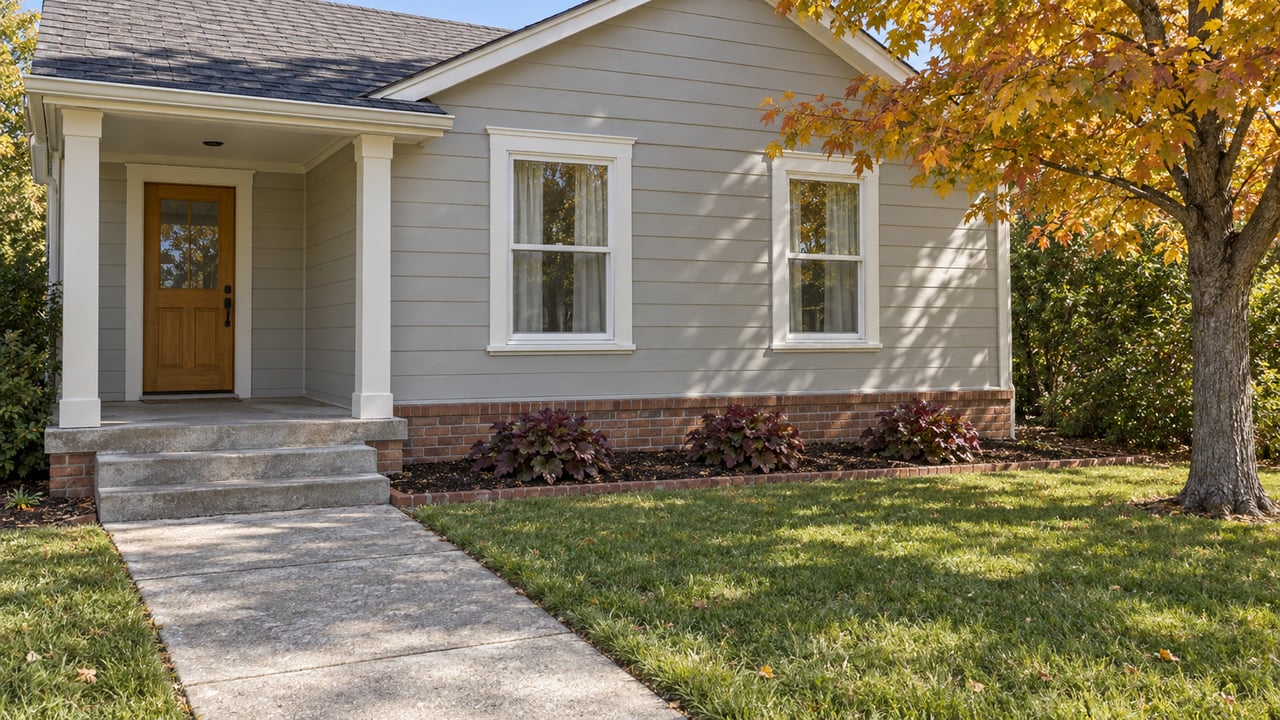 A pale-gray gabled house with a covered porch, concrete front walk and autumn maple beside a small lawn.