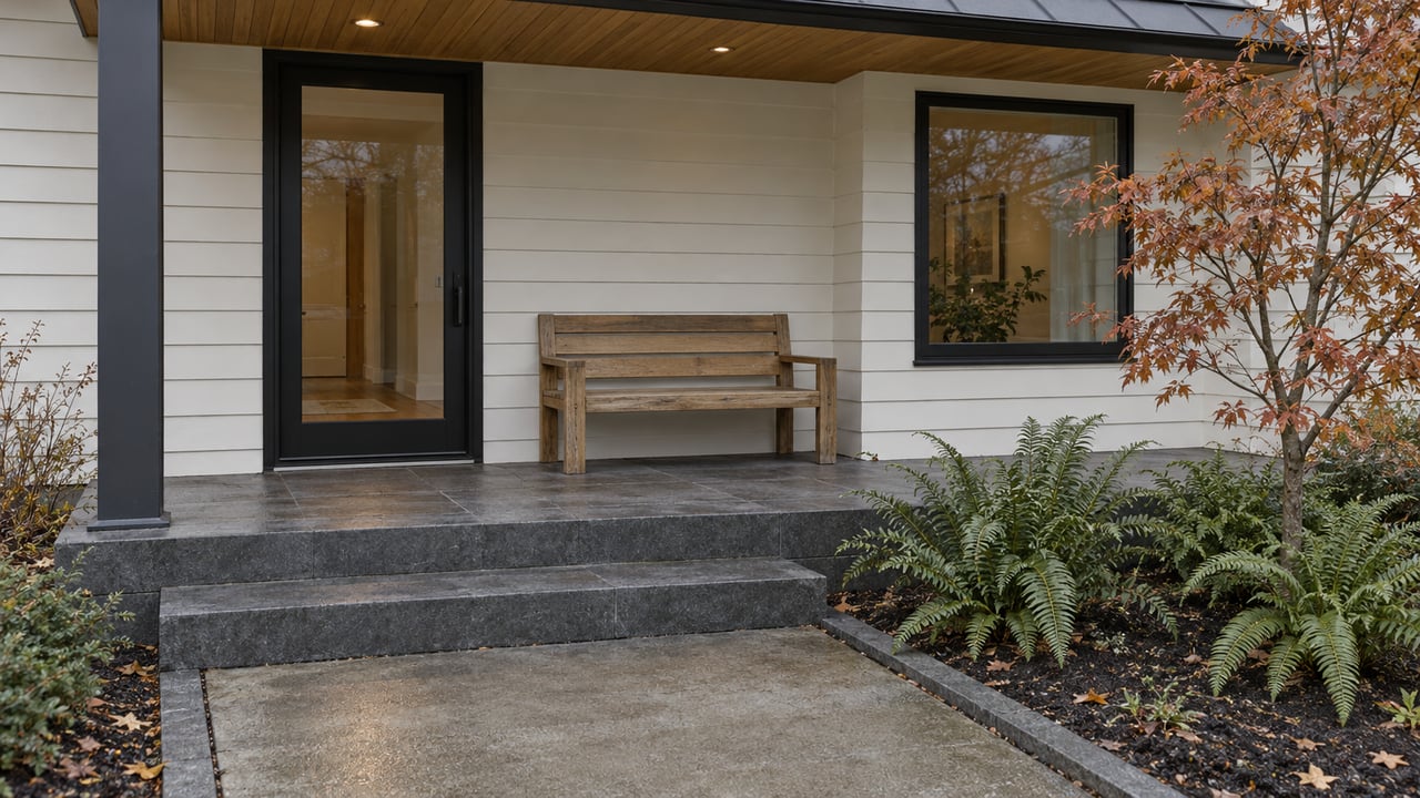 Covered home entry with white lap siding, black-framed glazing, basalt steps and a vine maple above sword ferns.