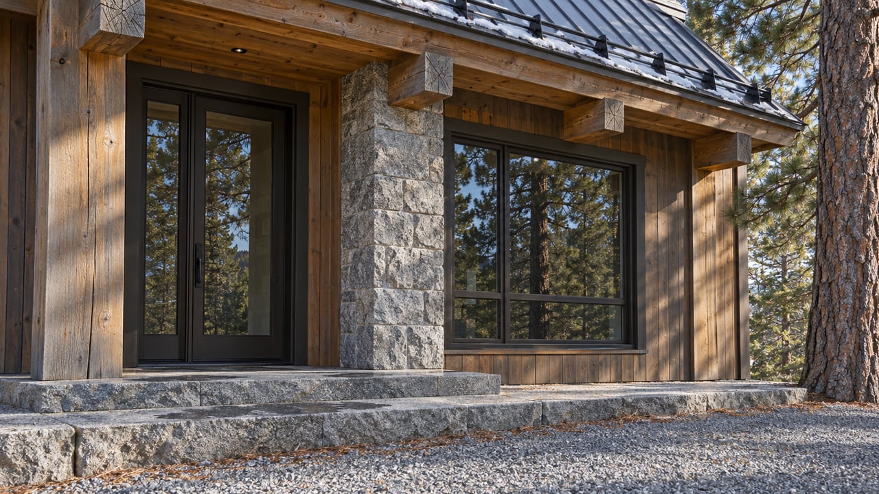 Weathered timber entry with granite steps, bronze-framed glazing and a steep metal roof beside a mature pine.