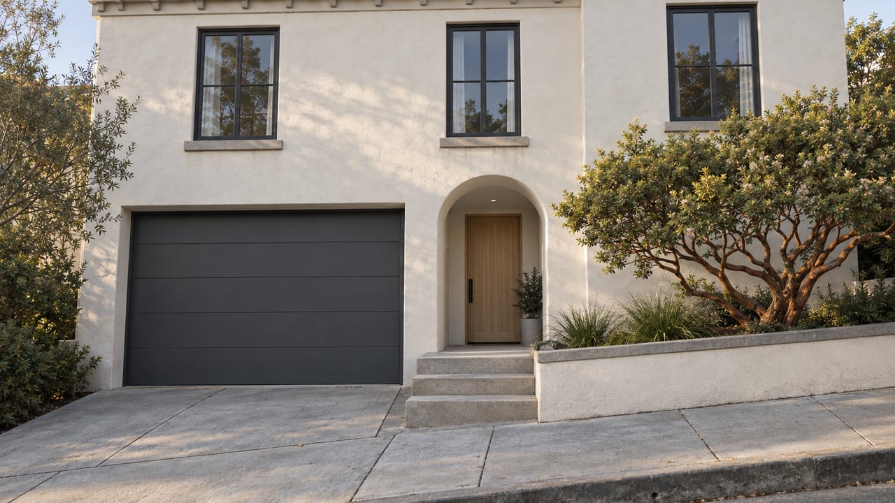 Two-story stucco house on a sloping lot, with a charcoal garage door, arched entry, and three upper windows.