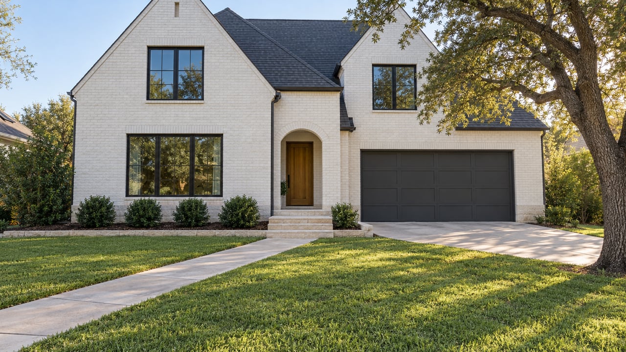White-painted brick home with steep gables, black-framed windows, a recessed arched entry, and a broad lawn beneath a mature live oak.