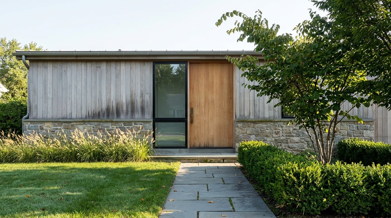 Cedar-and-stone home with black-framed windows, a bluestone path, clipped boxwood, and a katsura tree.