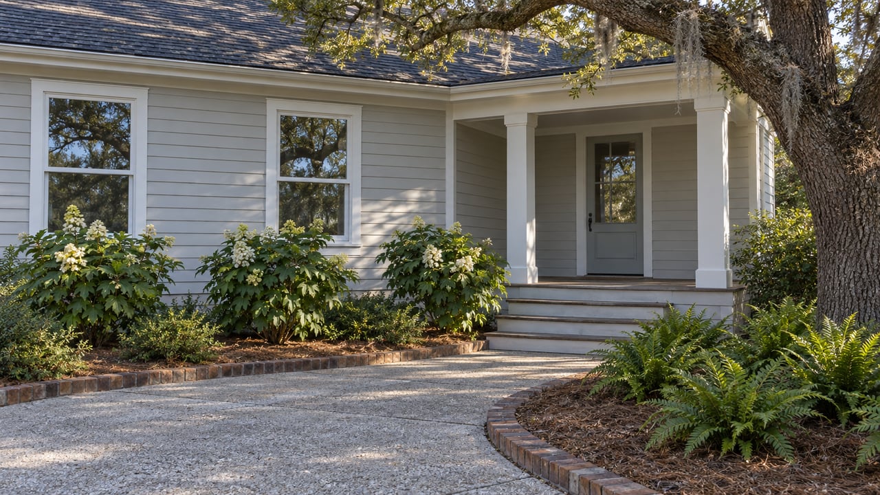 Pale-sided coastal home with a shaded porch, shell-aggregate driveway and oak-canopied garden.