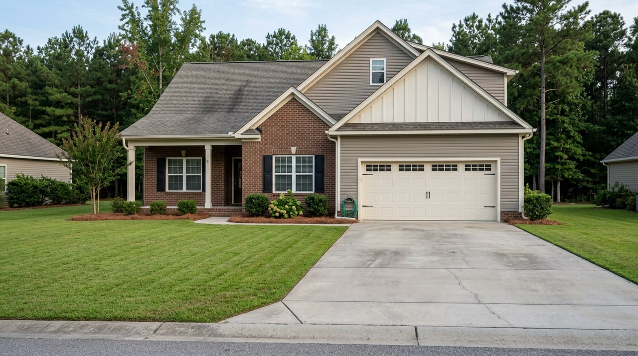 Brick-and-vinyl house viewed from the driveway, with the garage and front facade visible.