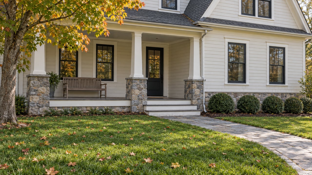 Cream clapboard home with a stone-based covered porch, black divided-light windows, deep lawn and an amber-leaved maple.