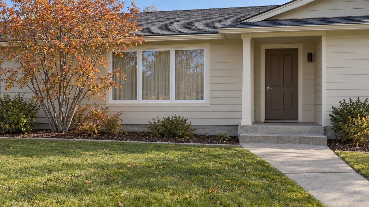 An ivory lap-sided ranch with a recessed front door, concrete approach, green lawn and orange-leaved serviceberry in clear morning light.