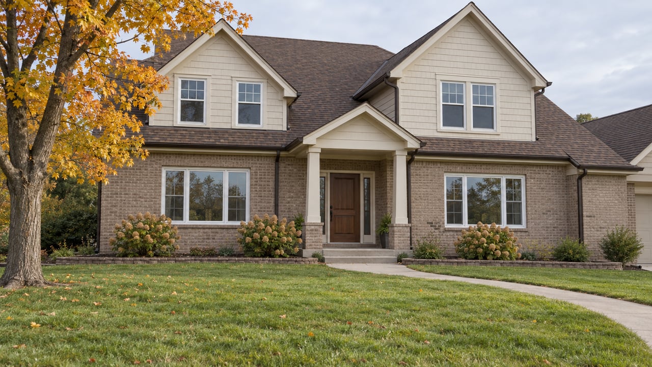 Established brick-and-cream gabled home behind a broad autumn lawn, with a curved concrete approach and a yellow-orange maple.