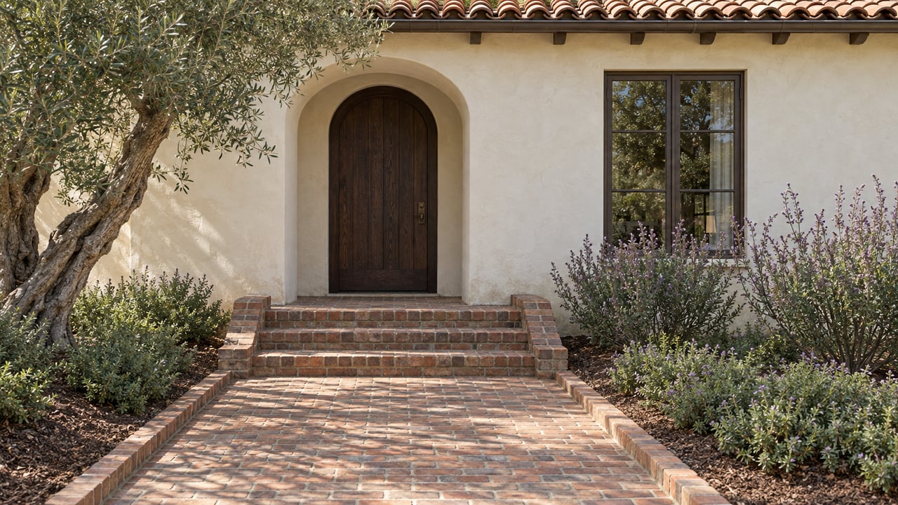 Cream stucco entrance with an arched oak door, clay tile eaves, aged brick approach and silver olive foliage.