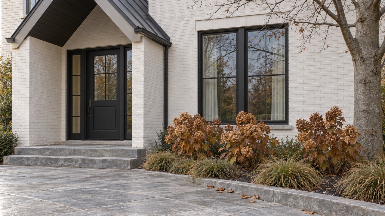 White painted-brick home with a black glazed entrance, limestone steps, gray stone terrace, and copper-leaved oakleaf hydrangeas beneath a bare beech.