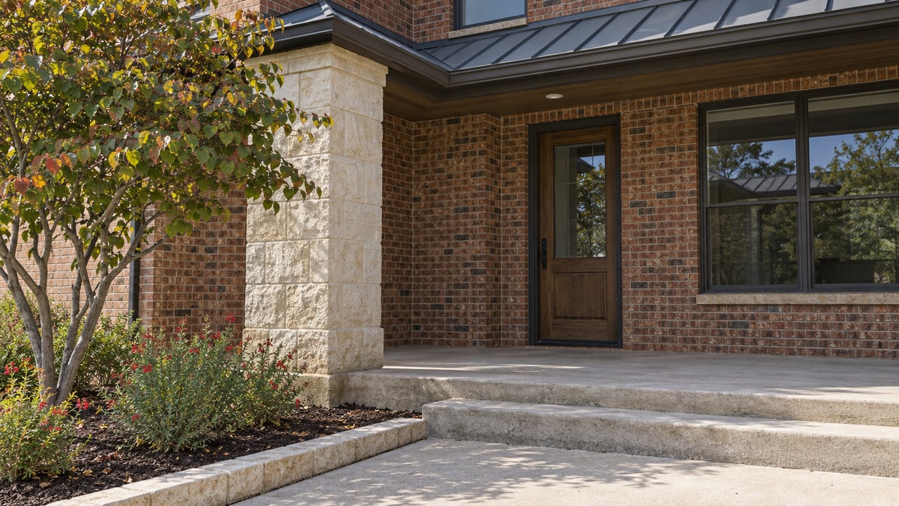 Brick home porch with a limestone pier, oak-and-glass front door, concrete steps and a small redbud beside red-flowering sage.